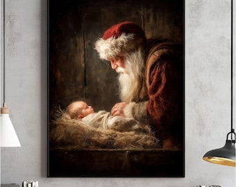 Arte mural navideño vintage de la Natividad, decoración religiosa invernal (descarga digital)