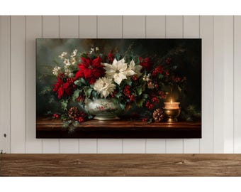 Marco botánico navideño clásico para TV, protector de pantalla vintage para Samsung, pintura tradicional con vegetación invernal, descarga digital 4K