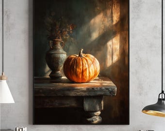 Vintage Pumpkin Still Life Print, Rustic Autumn Wall Art (Digital Download)