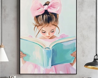 Mała dziewczynka z brunetką czytająca, pastelowa grafika ścienna do kącika z książkami, różowy pokój dla dziewczynki do pobrania w wersji cyfrowej, kokarda do pokoju zabaw w stylu preppy do druku, obraz