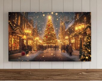 Neutral Christmas Frame TV Art, Gold Xmas Tree Festive Town Samsung Background, Snowy City, Winter Holiday Samsung Digital Download