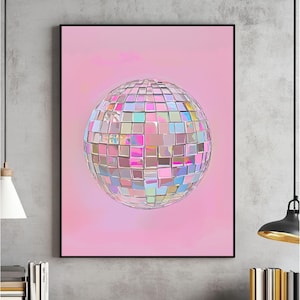 Silver Disco Ball Maximalist Printable Wall Art, Bright Pastel Pink Girly Poster, Trendy Dopamine Decor, Mirror Ball Preppy Painting