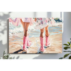 Pink & Preppy Cowgirl Boots Wall Art, Girly Trendy Oil Painting, Cowgirl Boots Ocean Coastal, Dorm Room, Digital Download, PRINTABLE