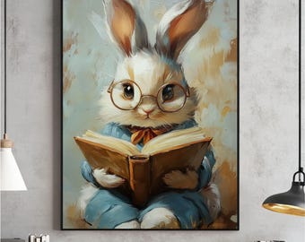 Impresión de arte de pared con lindo conejito de Pascua leyendo un libro, conejito pequeño con gafas grandes para imprimir, pintura de guardería de primavera, descarga de decoración de Light Academia