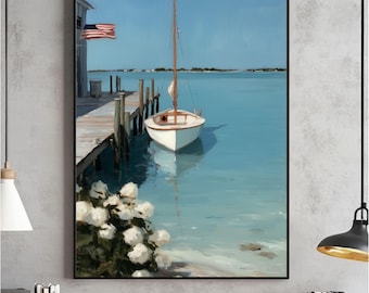 Hafen Flaggen Wand Kunst, Küstenboot Poster, Nautische 4. Juli Dekor, Patriotic Lake House Print, Rot Weiß Blau Digitaler Download