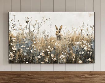 Rabbit Frame TV Wall Art, Vintage Style Wildflower Field, Spring Floral Samsung Wallpaper, Easter Bunny Screensaver, Digital Download