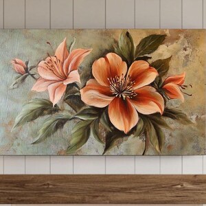 Flower Painting Frame TV Art, Antique Dark Green Peach Wildflower Screensaver, Earthy Organic Floral Vintage Botanical Summer Decor