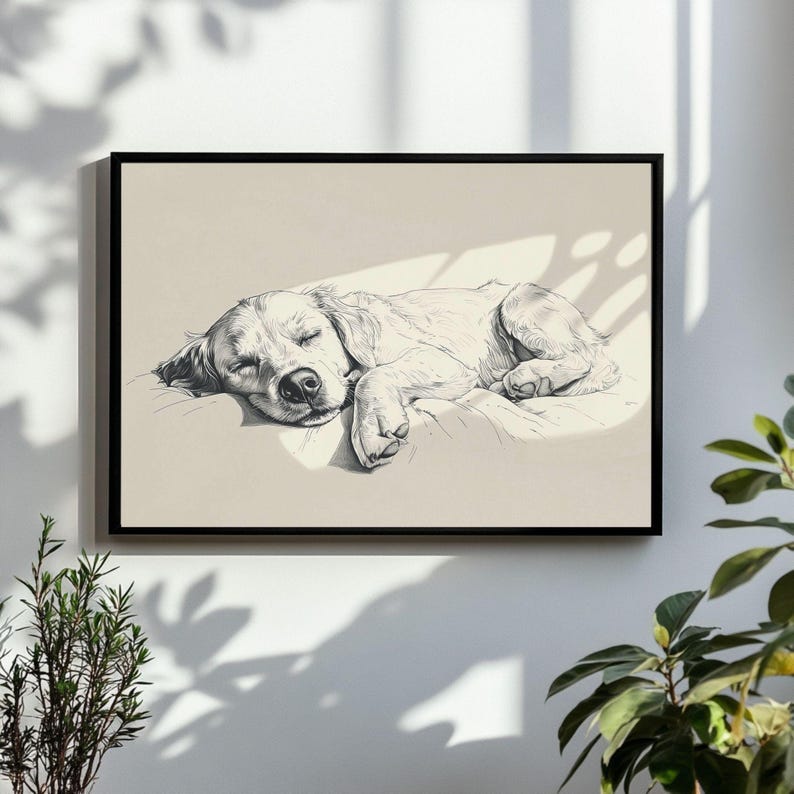 May include: A monochrome art print in a black frame, depicting a sleeping dog. The dog is sketched in detail, lying on a pillow with its eyes shut. The artwork captures the dog's relaxed pose and fur texture. The print is mounted on a white wall.