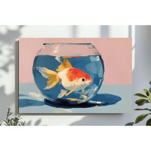 Gold Fish Wall Art, Cute Girly Printable, Preppy Horizontal Digital, Pink Aesthetic Painting, Trendy College Apartment, Aesthetic Dorm Room