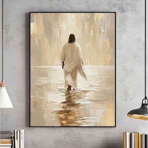 Jesus Christ Walking on Water Wall Art, Christian Art, Digital Jesus Portrait, I Will Walk With Christ LDS, Jesus Oil Painting, Bible Verse