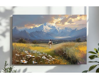 Jesus Walking on a Wildflower Road in the Mountains Wall Art, Christian Oil Painting Printable, Digital Download