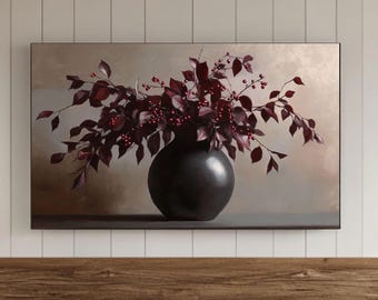 Burgundy Painting Frame TV Wall Art, DIGITAL DOWNLOAD, Vintage Fall Samsung Screensaver, Floral Background