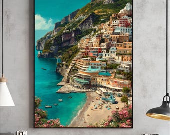 Watercolor Italy Positano Wall Art, Travel Poster, Italian Coast Printable, Italy Artwork, Ocean Print, Digital Download