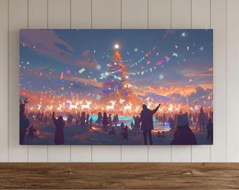Christmas Tree Festive Frame TV Art, Gold Xmas Tree Festive Town Samsung Background, Snowy City, Winter Holiday Samsung Digital Download