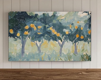 Könnte beinhalten: Ein Gemälde, das eine Landschaft mit mehreren Bäumen mit gelben Früchten zeigt. Die Bäume sind in Blautönen und Grüntönen gemalt, und der Hintergrund ist hellblau und grün.