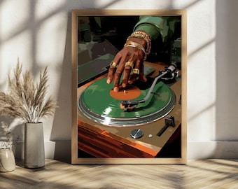 Vinyl Record Music Wall Art, Black Man DJ Art Painting, Turntable