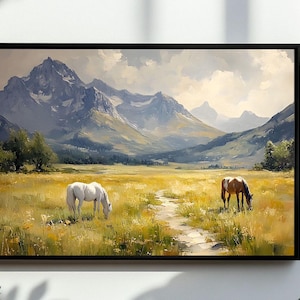 Rustic Landscape Wild Horses In Field Wall Art, Large Modern Western, American Country Digital Art | Vintage Horse Print | DOWNLOAD File