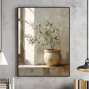 Pintura de naturaleza muerta con olivo, arte mural imprimible, archivo digital botánico vintage, impresión vertical, estilo mediterráneo orgánico moderno.