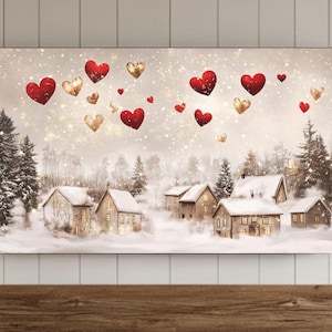 Valentines Day Frame TV Wall Art, Valentine Hearts Samsung Screensaver, Muted Vintage Valentines Village Background, Valentines Art Decor