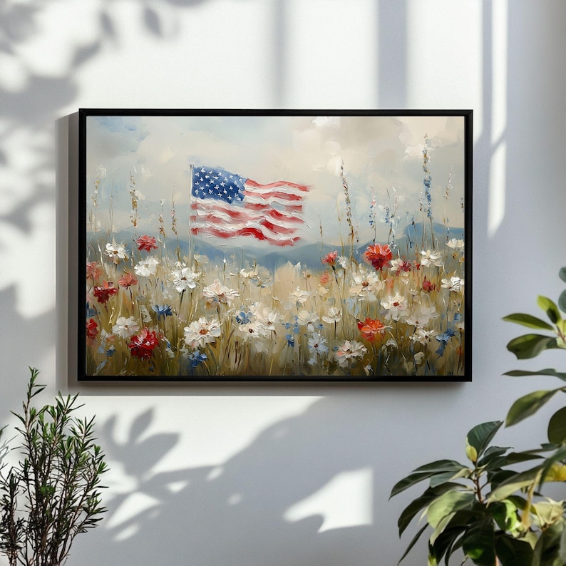 Patriotic American Flag 4th of July Flower Wall Art, Garden Scene ...