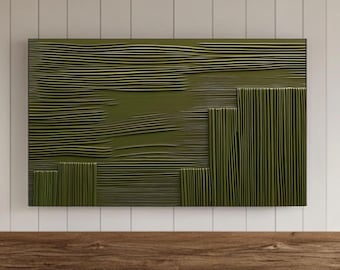 May include: Abstract wall art featuring a textured green design. The design is made up of different sized rectangles with vertical and horizontal lines.