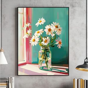 May include: A painting of a bouquet of white daisies in a clear glass vase. The daisies are arranged in a vase on a windowsill with a pink and white window frame. The background is a teal blue.