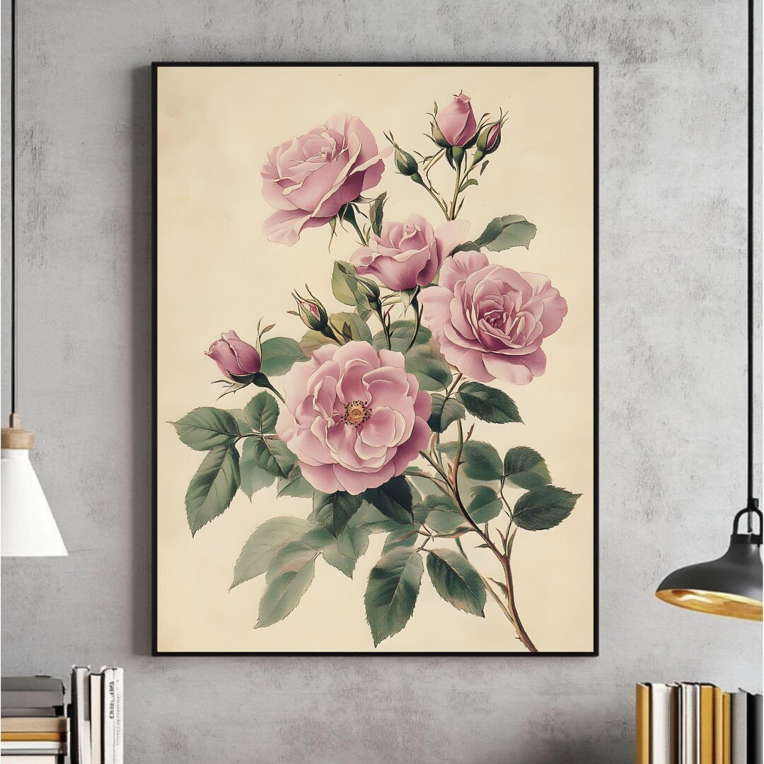 Antique Rose Printable Wall Art, Vintage Floral Print, Pink Flower ...