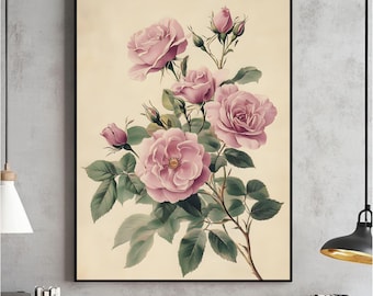 Antique Rose Printable Wall Art, Vintage Floral Print, Pink Flower Sketch, Botanical Farmhouse Décor, Spring French Country Digital Art