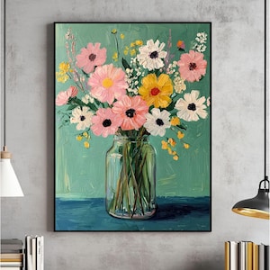 Vintage Floral Printable Wall Art, Whimsical Flower Print, Green Floral Home Decor, Vintage Spring Flower Painting, Digital Download