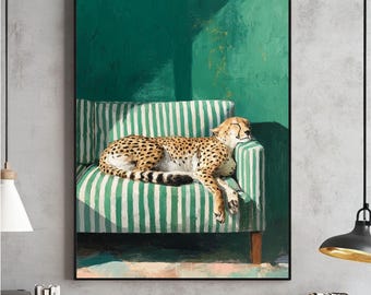 Sleepy Leopard Poster Cheetah Wall Art, Maximalist Home Print, Emerald Green Modern Poster, Contemporary Decor, Trendy Leopard Digital