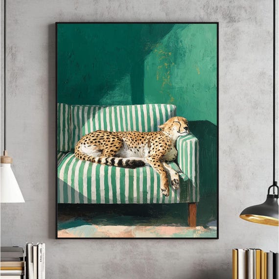 Sleepy Leopard Poster Cheetah Wall Art, Maximalist Home Print, Emerald Green Modern Poster, Contemporary Decor, Trendy Leopard Digital