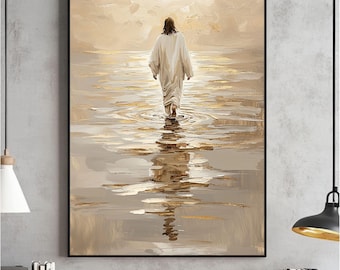 May include: A painting of a person in a white robe walking on water. The water is a light brown color and the sky is a light yellow color.