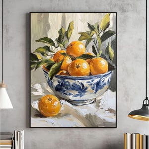 Orangen in einer Schüssel Malerei Wandkunst, Küchendekoration, Vintage Öldruck, Orange Poster, digitaler Download, druckbar