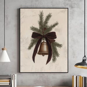May include: A vintage-style illustration of a gold bell with a brown velvet bow and pine branches. The bell is hanging from the bow and the branches are arranged around it.