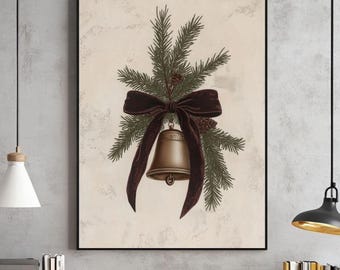 Lámina navideña vintage con campana, pino y lazo marrón. Arte de pared neutro imprimible. Arte digital descargable de estilo rústico moderno navideño.