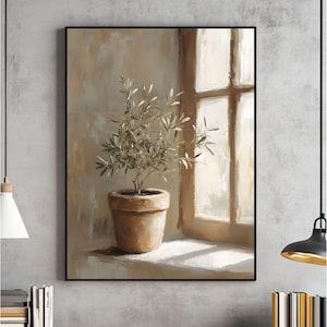 May include: A painting depicting a potted plant with green leaves positioned in front of a window with sunlight streaming through. The plant is in a brown terracotta pot and is situated on a windowsill. The background is a light brown colour.