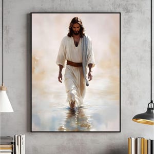 Jesus Christ Walking on Water Wall Art, Christian Art, Digital Jesus Portrait, I Will Walk With Christ LDS, Jesus Oil Painting, Bible Verse