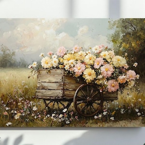 Wildflowers Cart Wall Art, wydruk wiosennych kwiatów, malarstwo krajobrazowe, wydruk w stylu vintage z kwiatami, wystrój domu wiejskiego, pobieranie cyfrowe