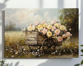 Wildflowers Cart Wall Art, wydruk wiosennych kwiatów, malarstwo krajobrazowe, wydruk w stylu vintage z kwiatami, wystrój domu wiejskiego, pobieranie cyfrowe