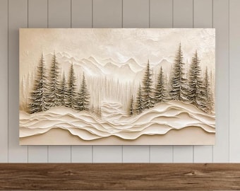 Pintura abstracta de árboles con textura invernal, marco navideño, arte de TV con nieve, moderno neutro