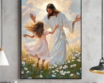 Arte mural de Jesús y una niña bailando, Una danza de gracia, Arte SUD de niña pequeña, Pintura cristiana moderna, Arte bíblico para niños, Impresión de Jesús con niños