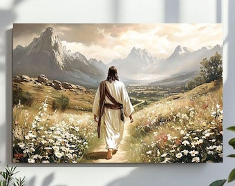 Jesus Walking on a Wildflower Road in the Mountains Wall Art, Christian Oil Painting Printable, Digital Download