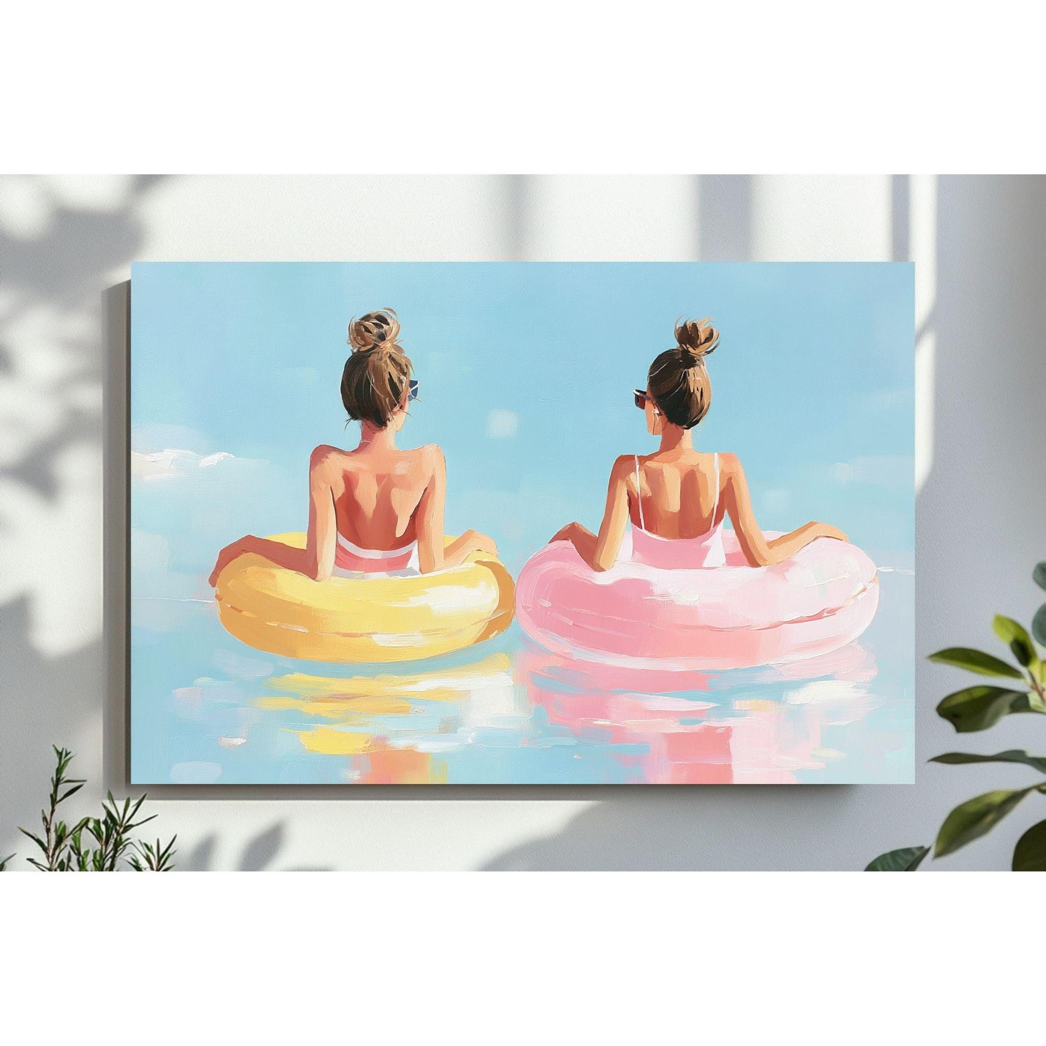 Two Girls in Inner Tubes Wall Art, Pastel Summer Pool Print, Beach