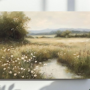Spring Printable Wildflower Field Landscape Wall Art, Spring Print Vintage Farmhouse Print, Neutral Painting, Spring Art, Digital Download