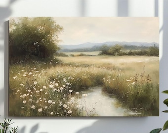 Frühling Wildblumen Feld Landschaft Wandkunst, Frühlingsdruck Vintage Bauernhaus Druck, Neutrale Malerei, Frühlingskunst, digitaler Download