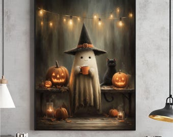 Cute Ghost with Coffee and Black Cat in the Forest Wall Art, Vintage Halloween Print, Dark Academia Room Decor Poster, Digital Download