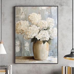 White Hydrangeas Muted Vintage Wall Art, Farmhouse Wall Decor, Botanical Print, Living Room Poster, Digital Download, PRINTABLE Vintage Art