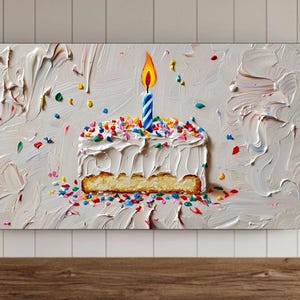 Puede incluir: Un pastel blanco con glaseado azul y blanco y una sola vela encendida. El pastel está cubierto de chispas de colores y está rodeado de más chispas sobre un fondo blanco.