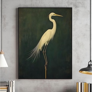 Grabados de aves antiguas, grulla, pintura de grulla japonesa, arte mural japonés antiguo, maximalista, decoración de pared japonesa, descarga instantánea verde