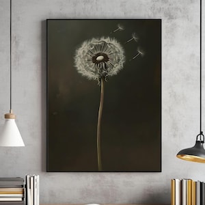 Dandelion Antique Oil Painting, Moody Vintage Floral Wall Art, Dark Floral Decor & Gothic Aesthetic Decor